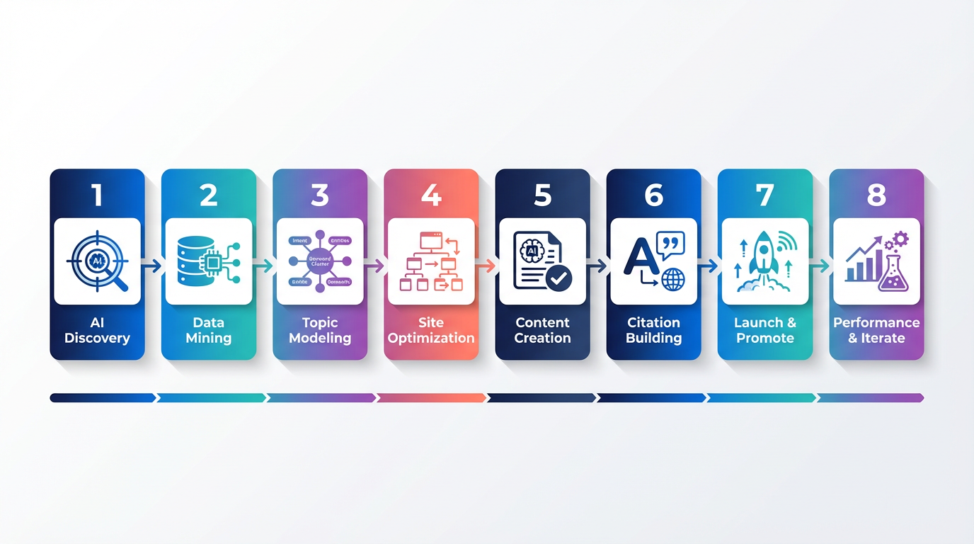 Infographic of an ai powered seo strategy from scratch in eight steps
