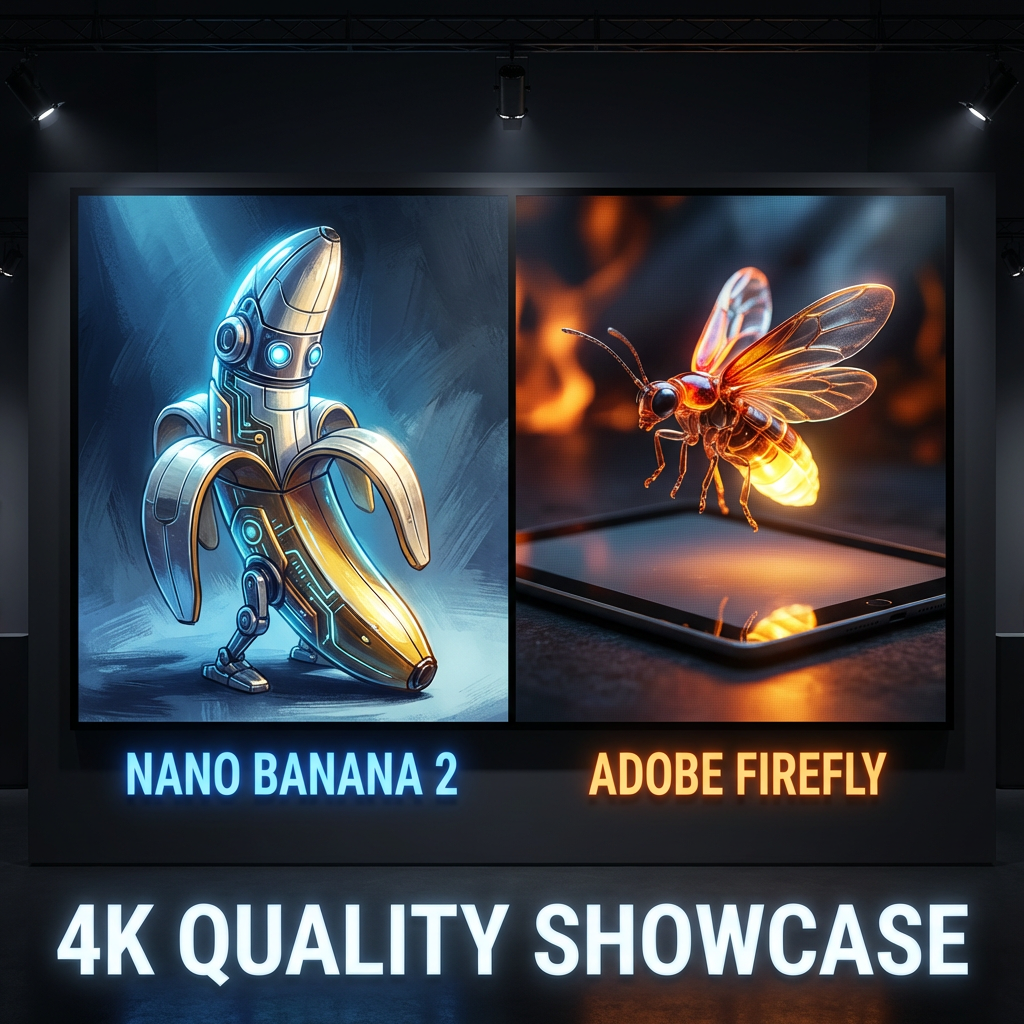 Side by side AI image quality comparison between Banananano2 and Adobe Firefly
