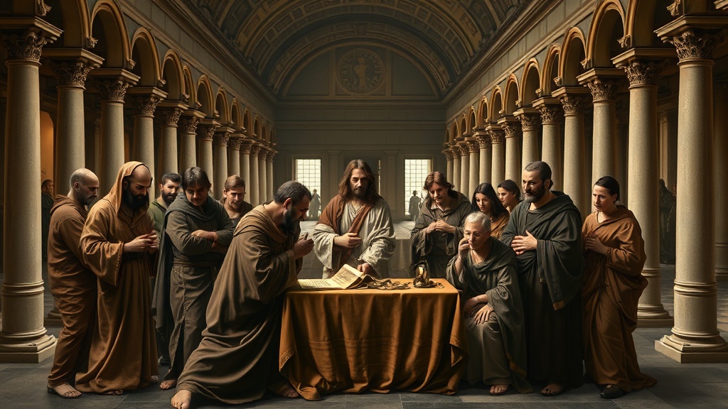 Allegorical scene showing protector and vulnerable amid officials