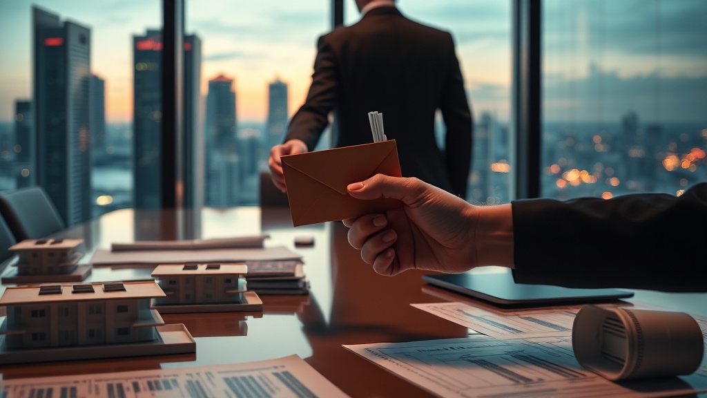 Two anonymous hands exchanging an envelope across a boardroom table