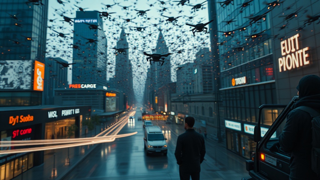 A cinematic scene of many small drones in the sky