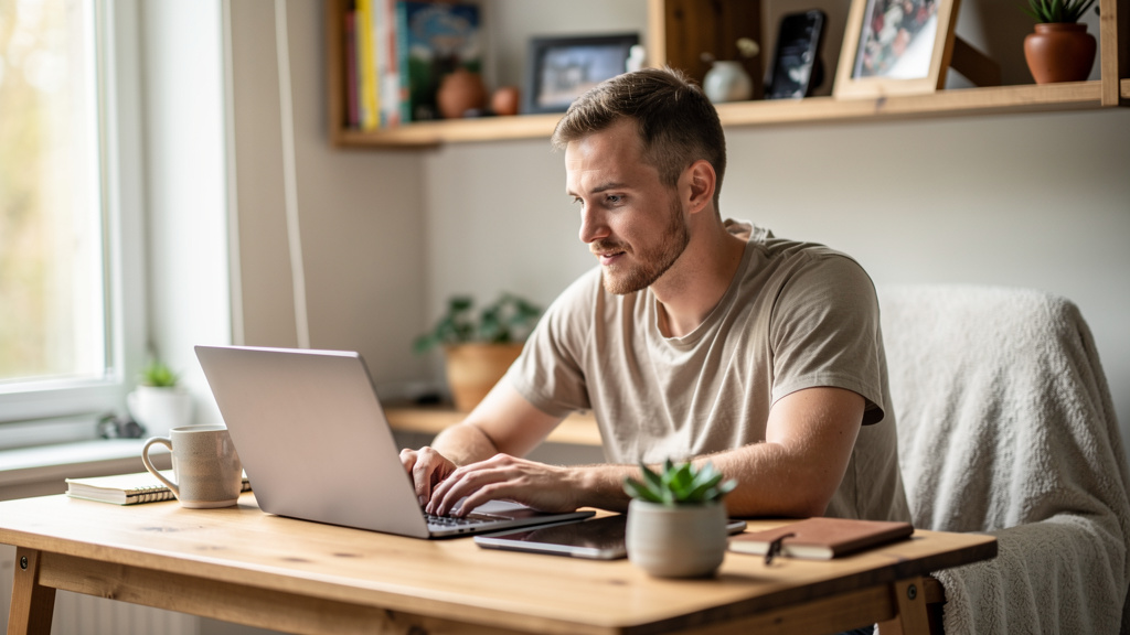 young freelancer working on laptop for how to make passive income with ai tools