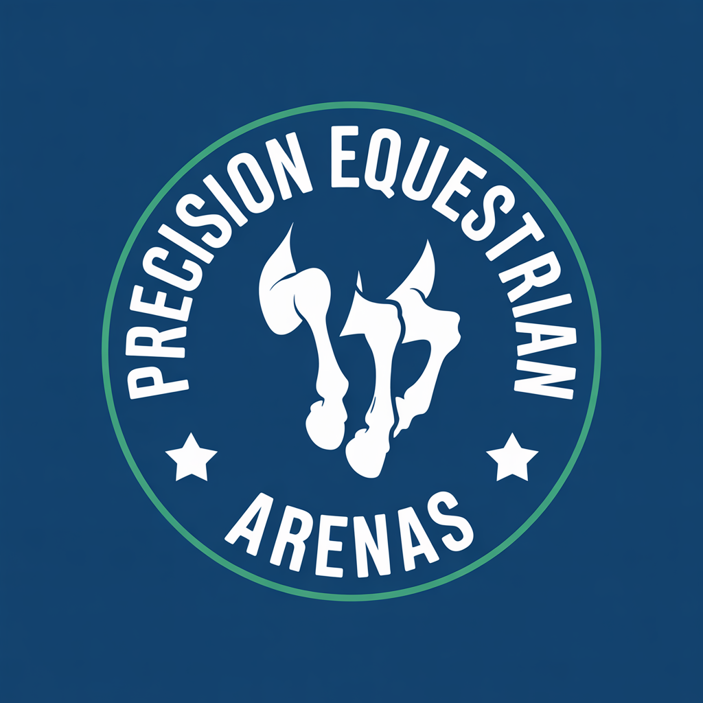 Circular logo for "PRECISION EQUESTRIAN ARENAS": solid navy blue (#0f4c75) background, thin bright green (#00adb5) border. Center: minimalist white silhouette of dynamic horse legs galloping, hooves sharply defined. "PRECISION EQUESTRIAN" arches top in bold sans-serif white caps, "ARENAS" arches bottom; white five-point stars flank texts on sides. Clean modern vector style, professional equestrian vibe, high contrast, scalable. - Pixu.io