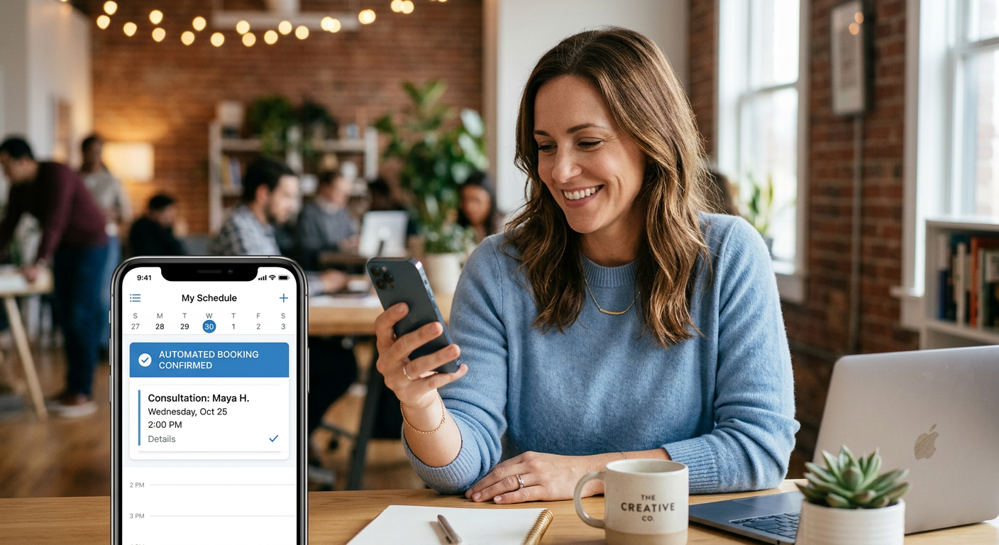 Photorealistic mid-article image showing a smiling business owner checking a mobile calendar with an automated booking con...
