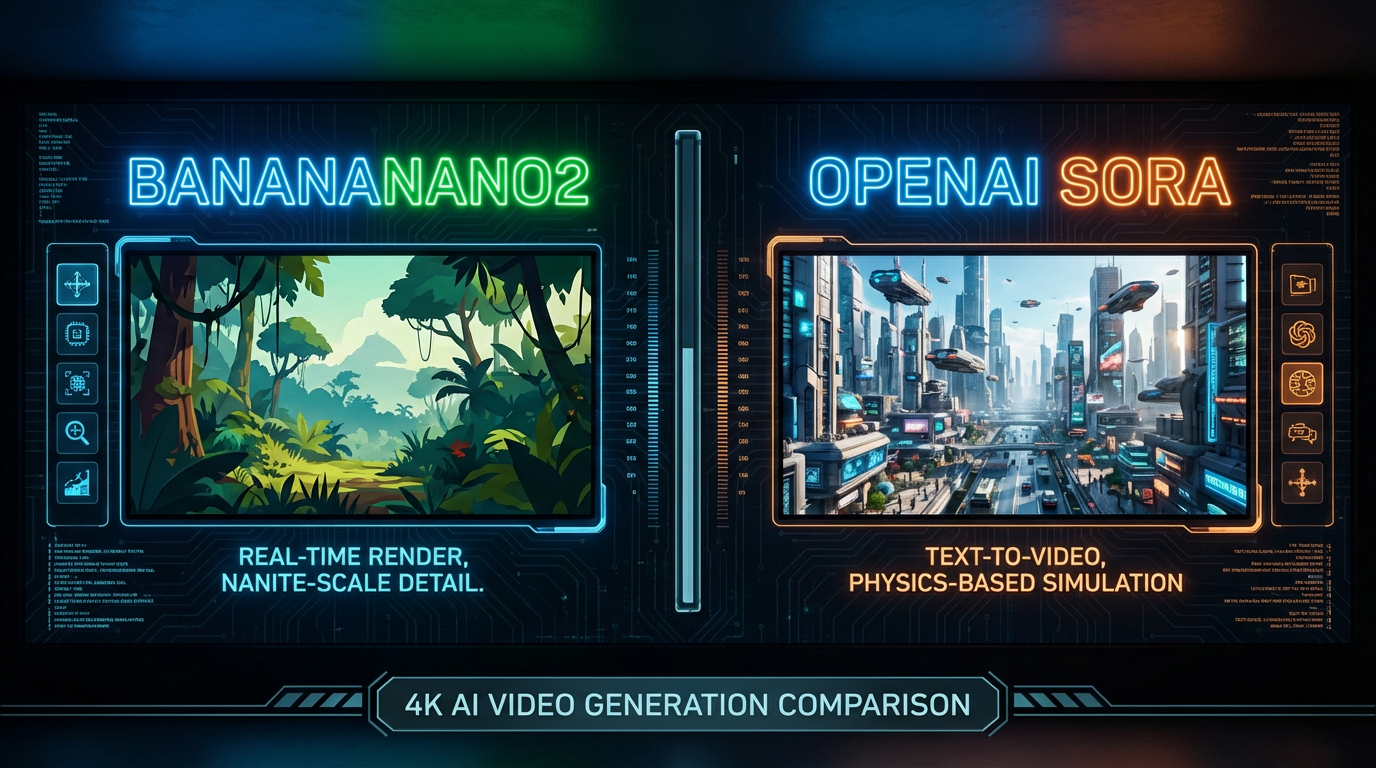 Side by side AI video generator comparison between Banananano2 and OpenAI Sora
