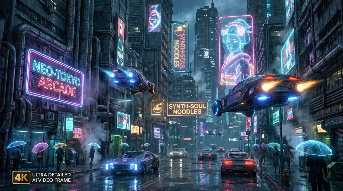 Cyberpunk cityscape AI generated scene showcasing Banananano2 video quality