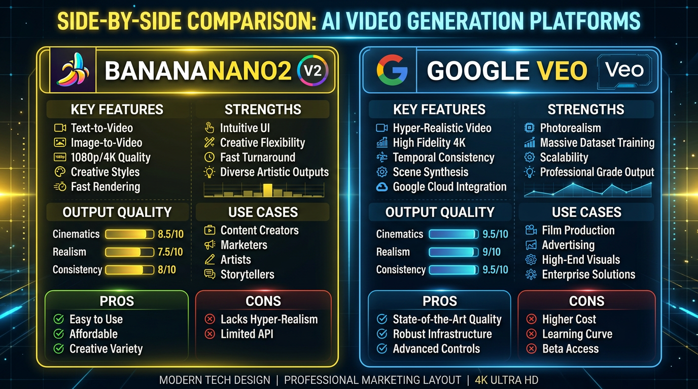 Side by side AI video generator comparison between Banananano2 and Google Veo