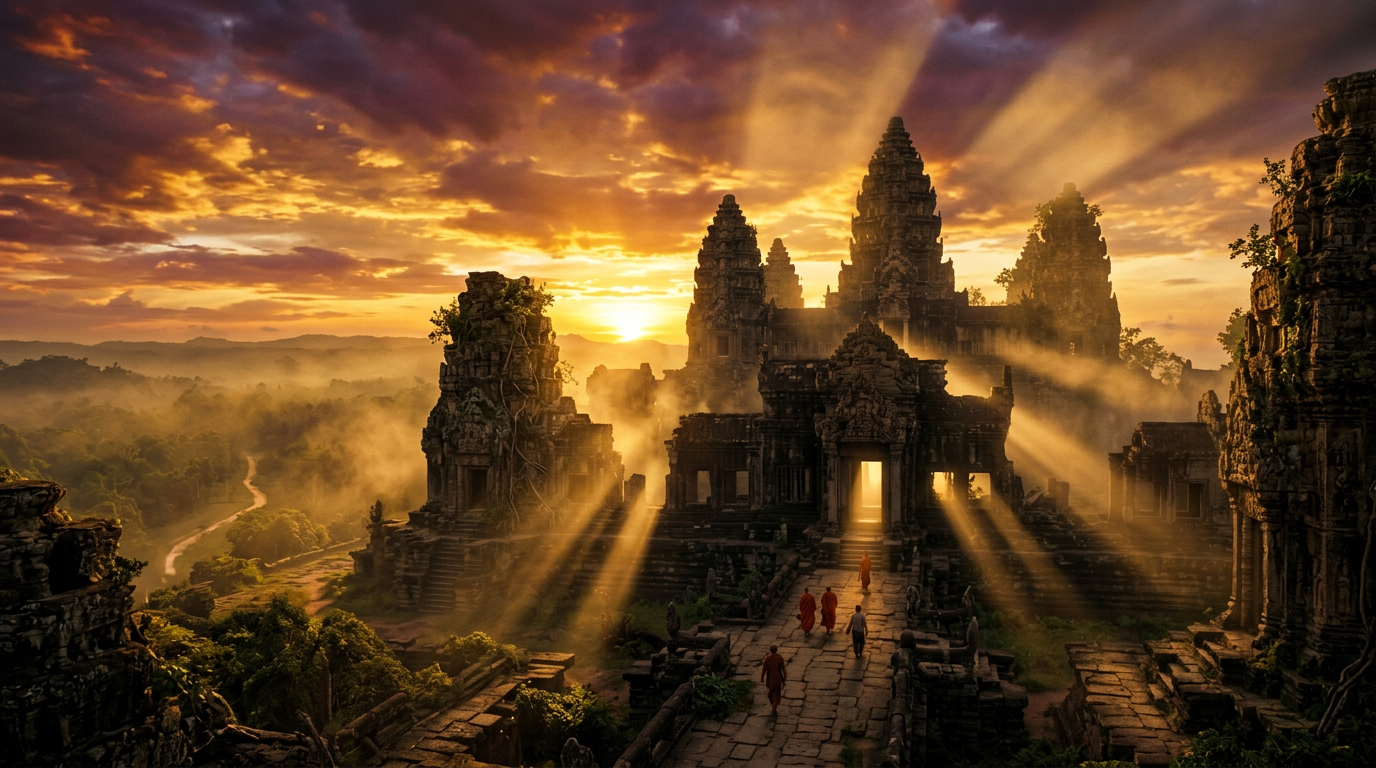 Cinematic 4K video frame of dramatic sunset over ancient temple generated by Banananano2