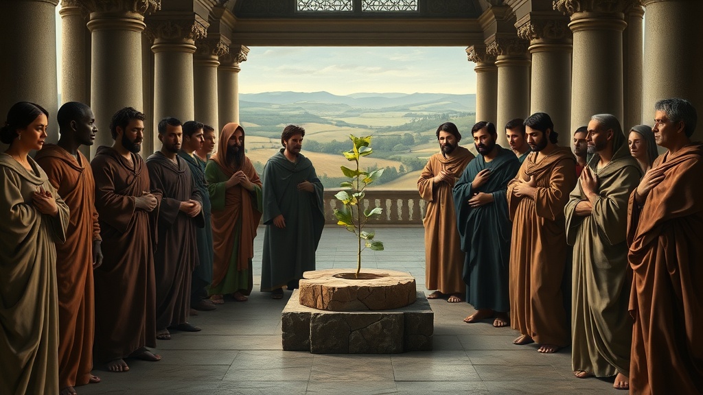 A contemplative, allegorical religious scene in the style of Leonardo da Vinci