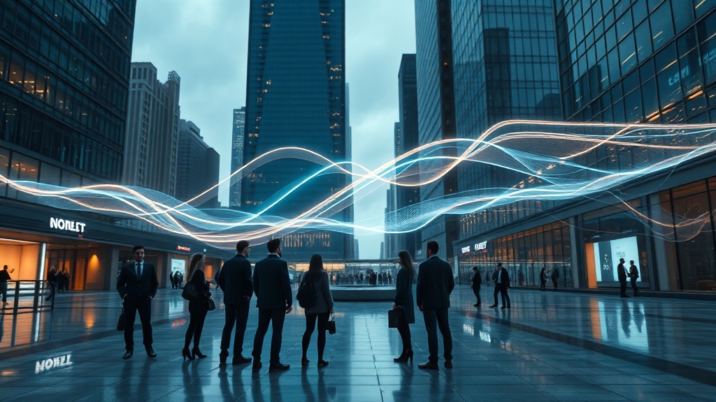 A cinematic, photorealistic movie-still set in a modern urban financial district at dusk