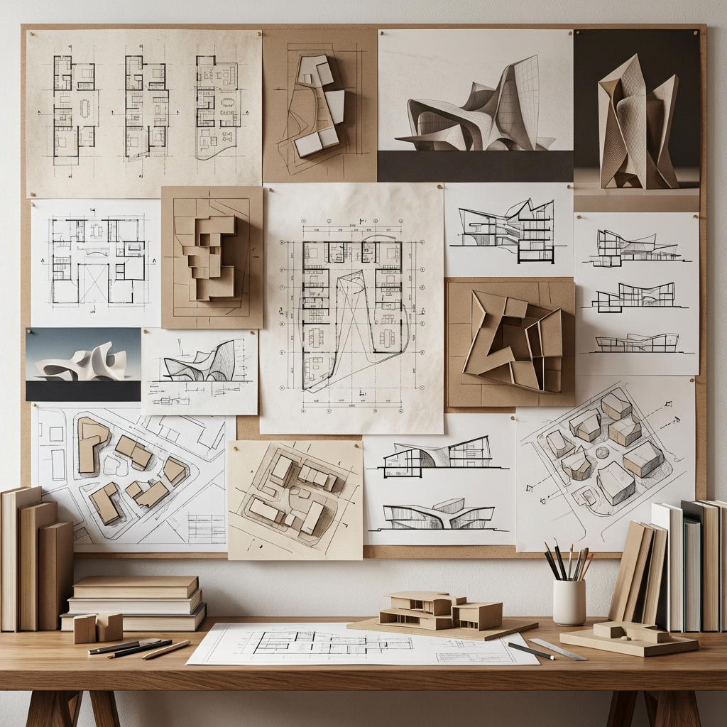 Architectural layouts and building form studies created with AI