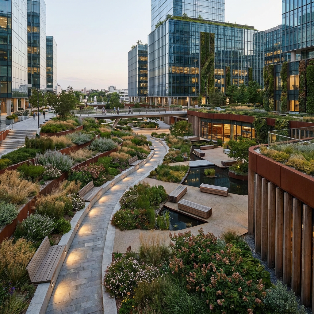 Landscape architecture visualization with pathways, greenery, and public space