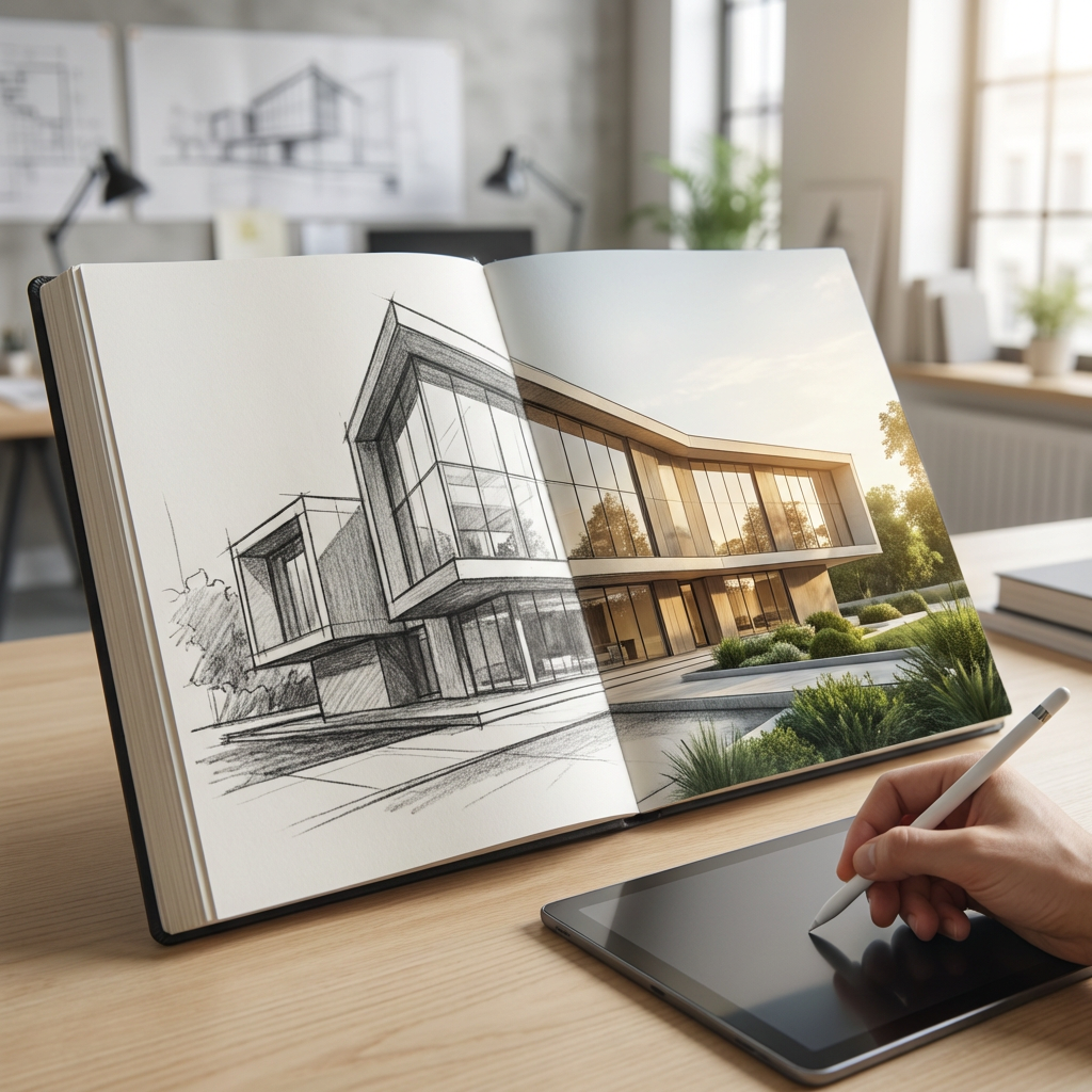 Architectural sketch transforming into a polished render