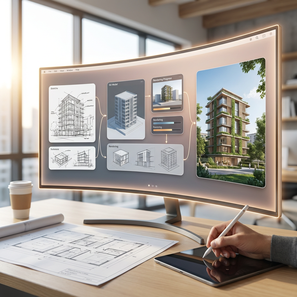 AI architecture workflows visualized in a cohesive creative platform concept