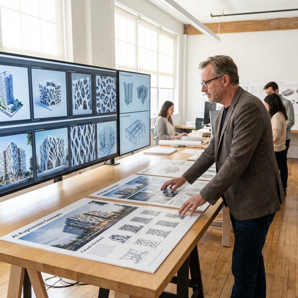 Architect reviewing AI-generated building concepts and design options