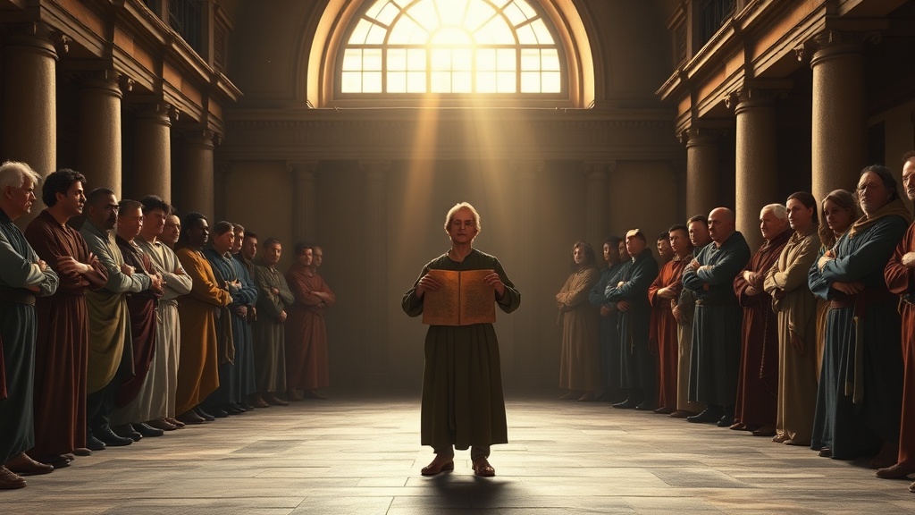 A solemn, metaphorical religious tableau for a sermon on the pursuit of truth and justice