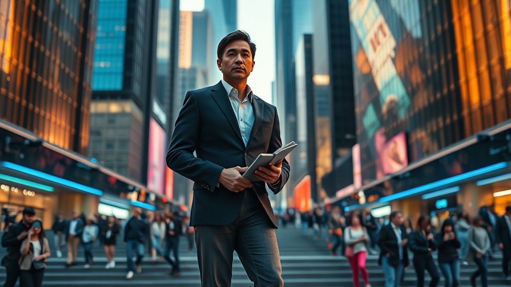 A cinematic, photorealistic movie-still of a contemporary public figure in a 2025 urban setting