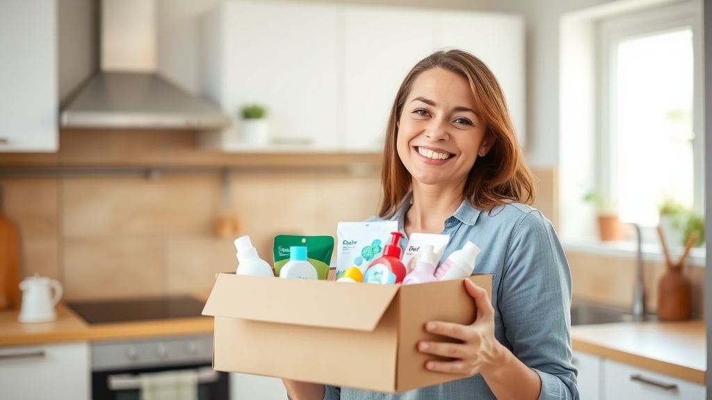A happy woman holding a box of baby freebies in her kitchen