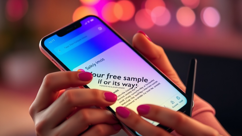 A smartphone screen showing an email inbox with a free sample confirmation