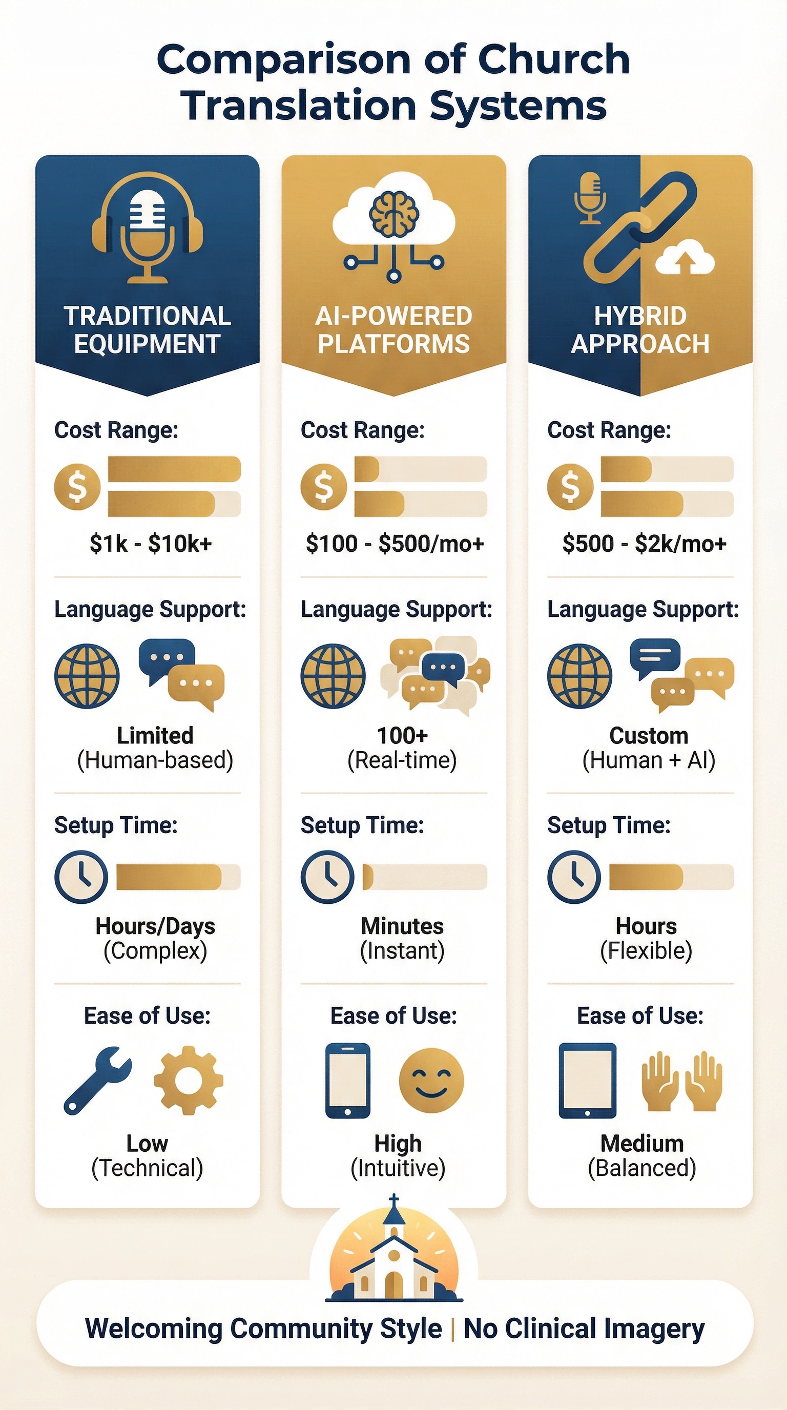 Comparison infographic of church translation system types — traditional equipment vs AI-powered vs hybrid approach showing costs, languages, and setup time