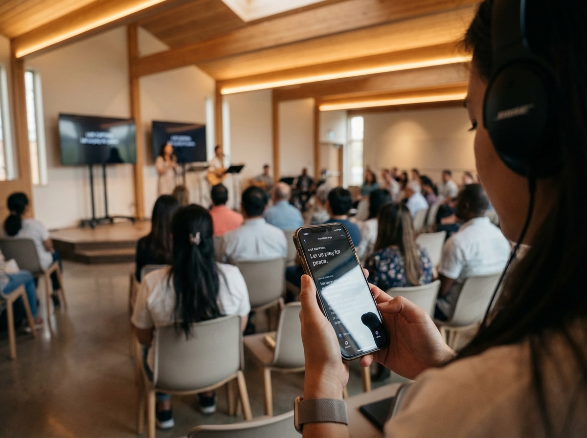 Person using smartphone to read translated church sermon captions during a worship service