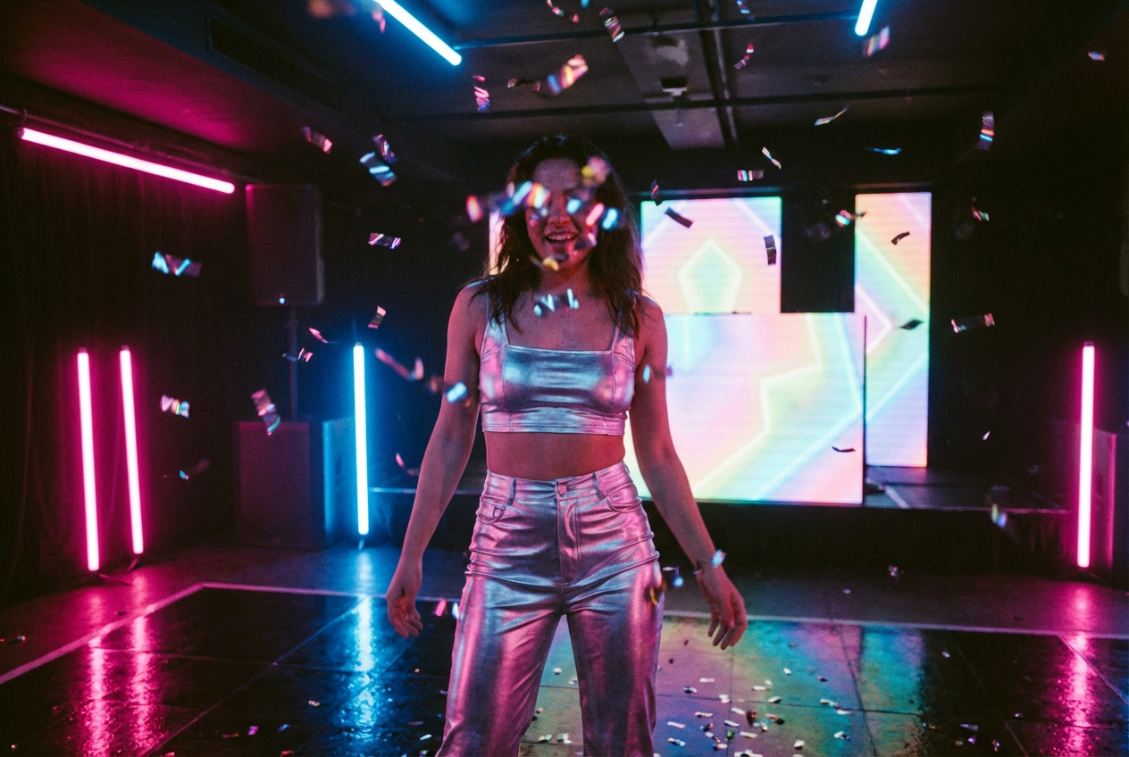 A neon-lit pop music video scene