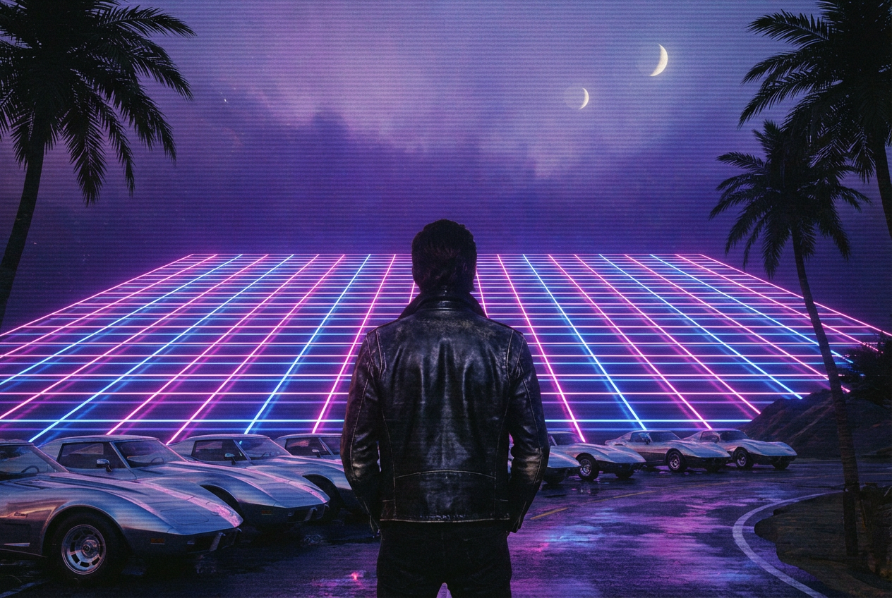 A synth-pop retro-futuristic music video scene