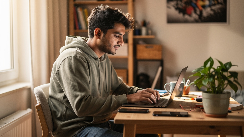 young freelancer working on laptop for make money selling ai-generated images online