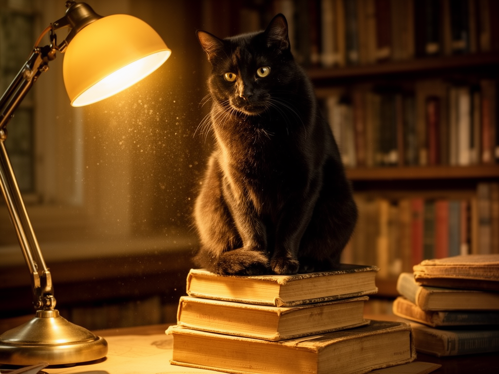 flux-2-dev — A black cat sitting on a stack of old books in a c
