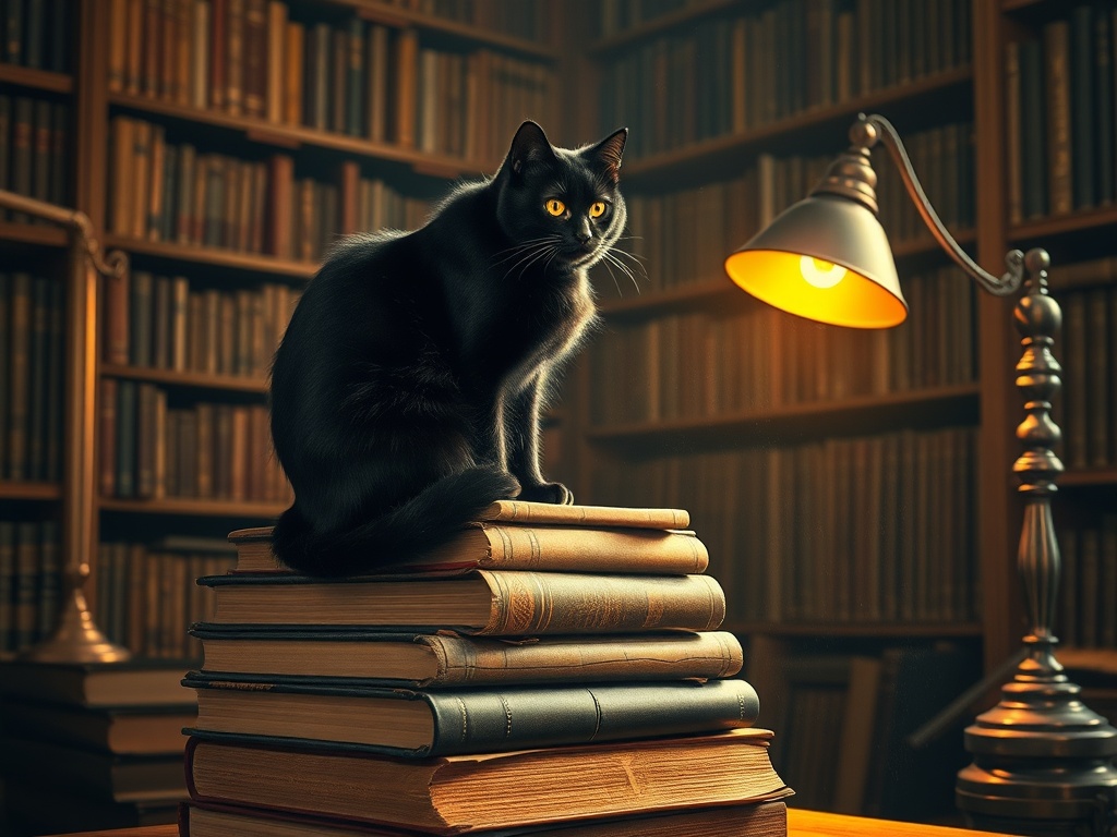 flux-schnell — A black cat sitting on a stack of old books in a c