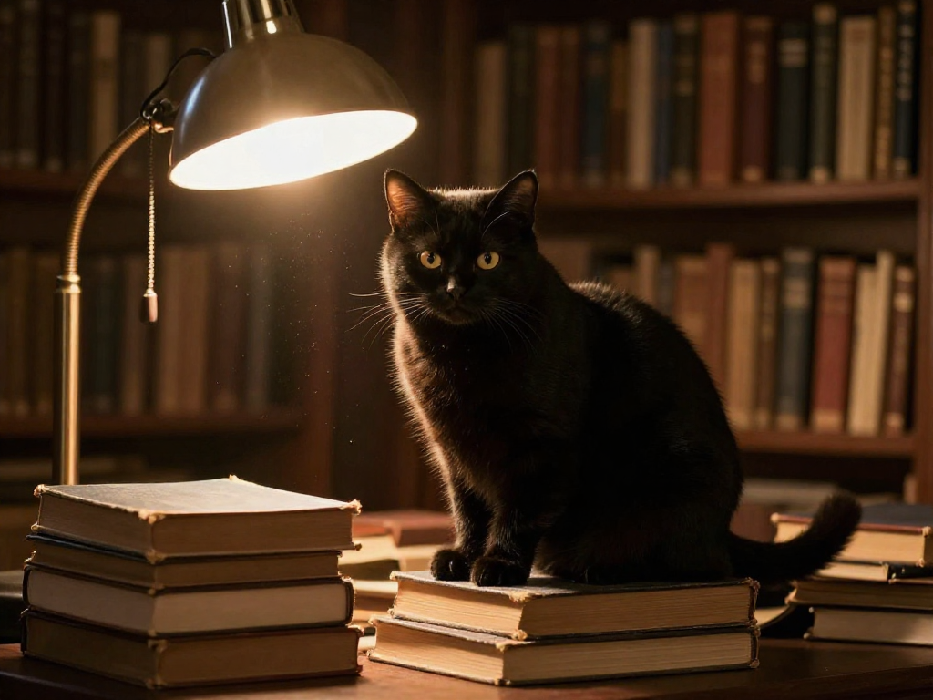 z-image-turbo — A black cat sitting on a stack of old books in a c