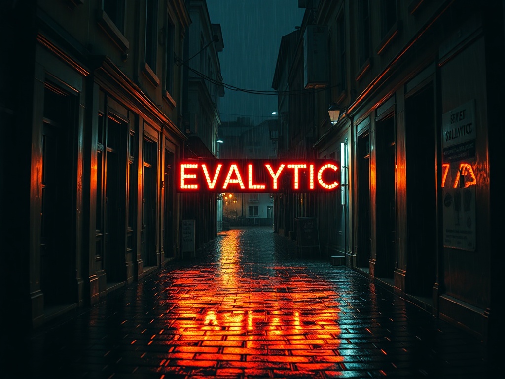 flux-schnell — A glowing neon sign reading EVALYTIC in a dark rai