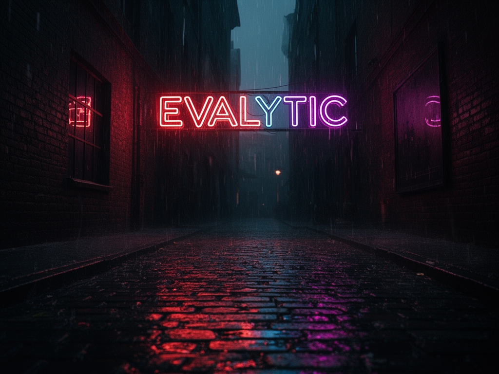 flux-2-dev — A glowing neon sign reading EVALYTIC in a dark rai