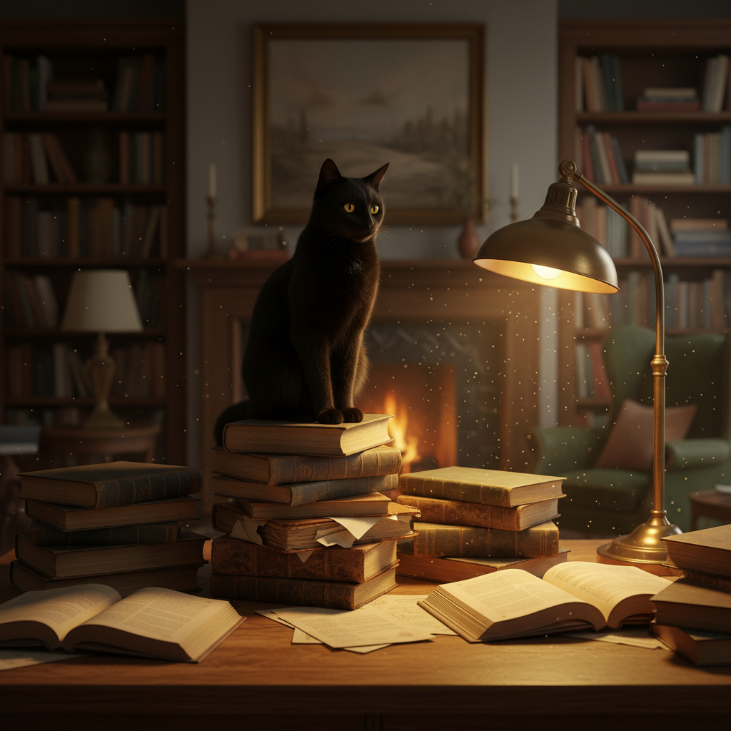 nano-banana — A black cat sitting on a stack of old books in a c