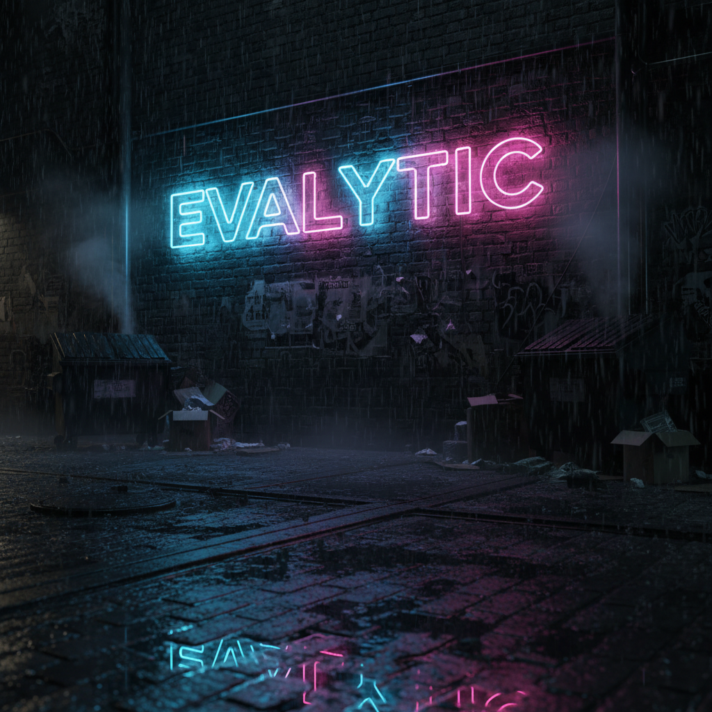 nano-banana — A glowing neon sign reading EVALYTIC in a dark rai