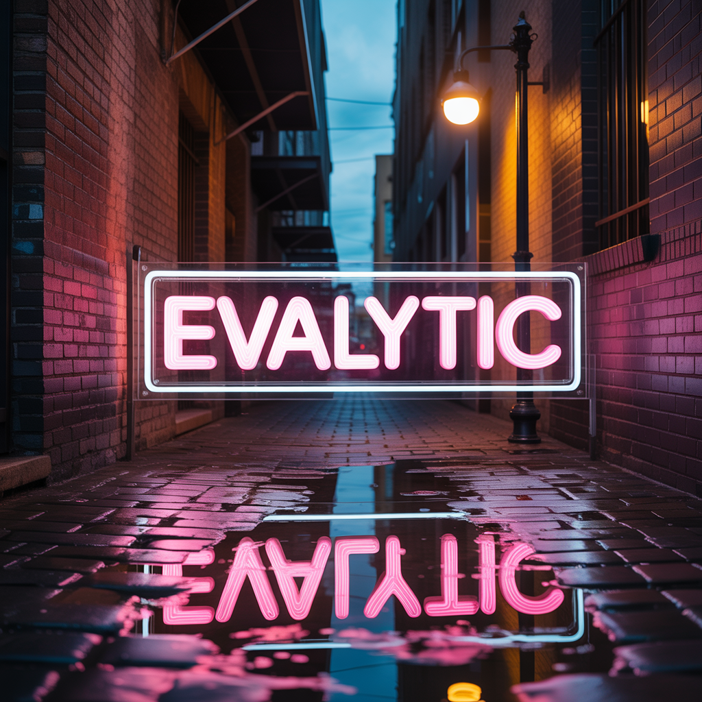 ideogram-v3 — A glowing neon sign reading EVALYTIC in a dark rai