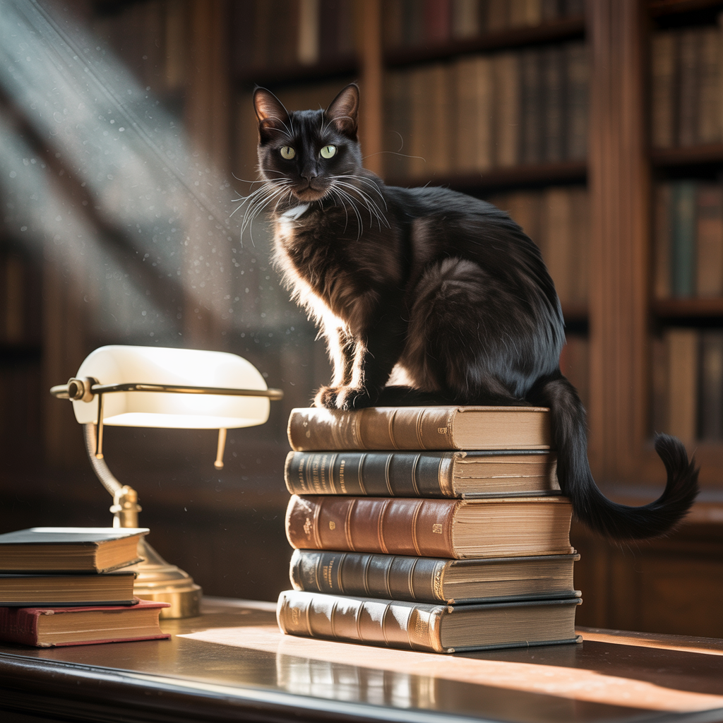 ideogram-v3 — A black cat sitting on a stack of old books in a c