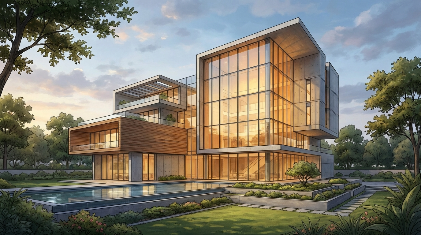 AI architecture generator creating modern building concept from text prompt