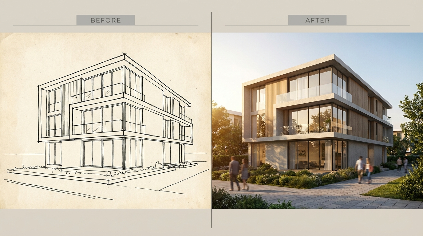 Architecture sketch transformed into realistic render using AI