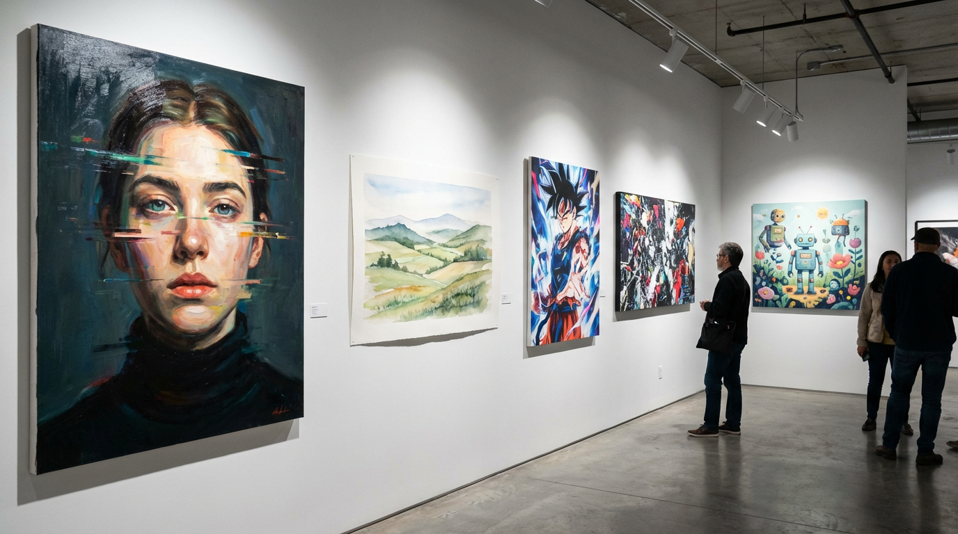 Gallery of diverse AI-generated art pieces including watercolor, anime, oil painting, and digital illustration styles