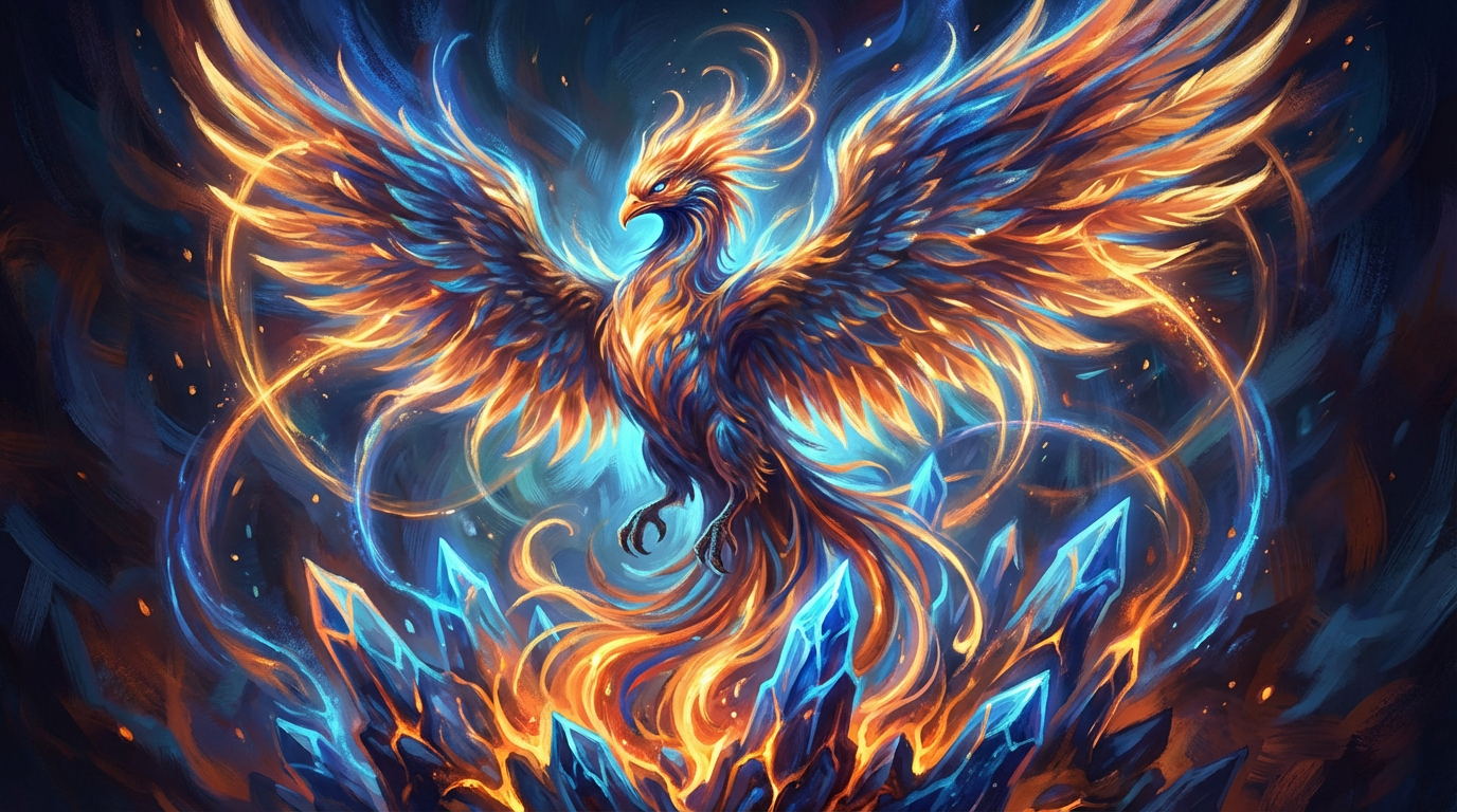Stunning AI-generated digital art of a luminous phoenix rising from crystalline flames