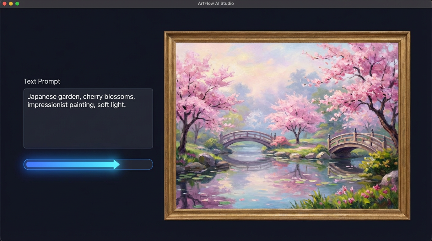 AI art generator creating an impressionist painting of a Japanese garden with cherry blossoms