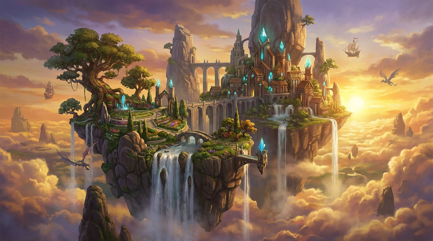 Epic AI-generated concept art of a floating island city above clouds at golden hour