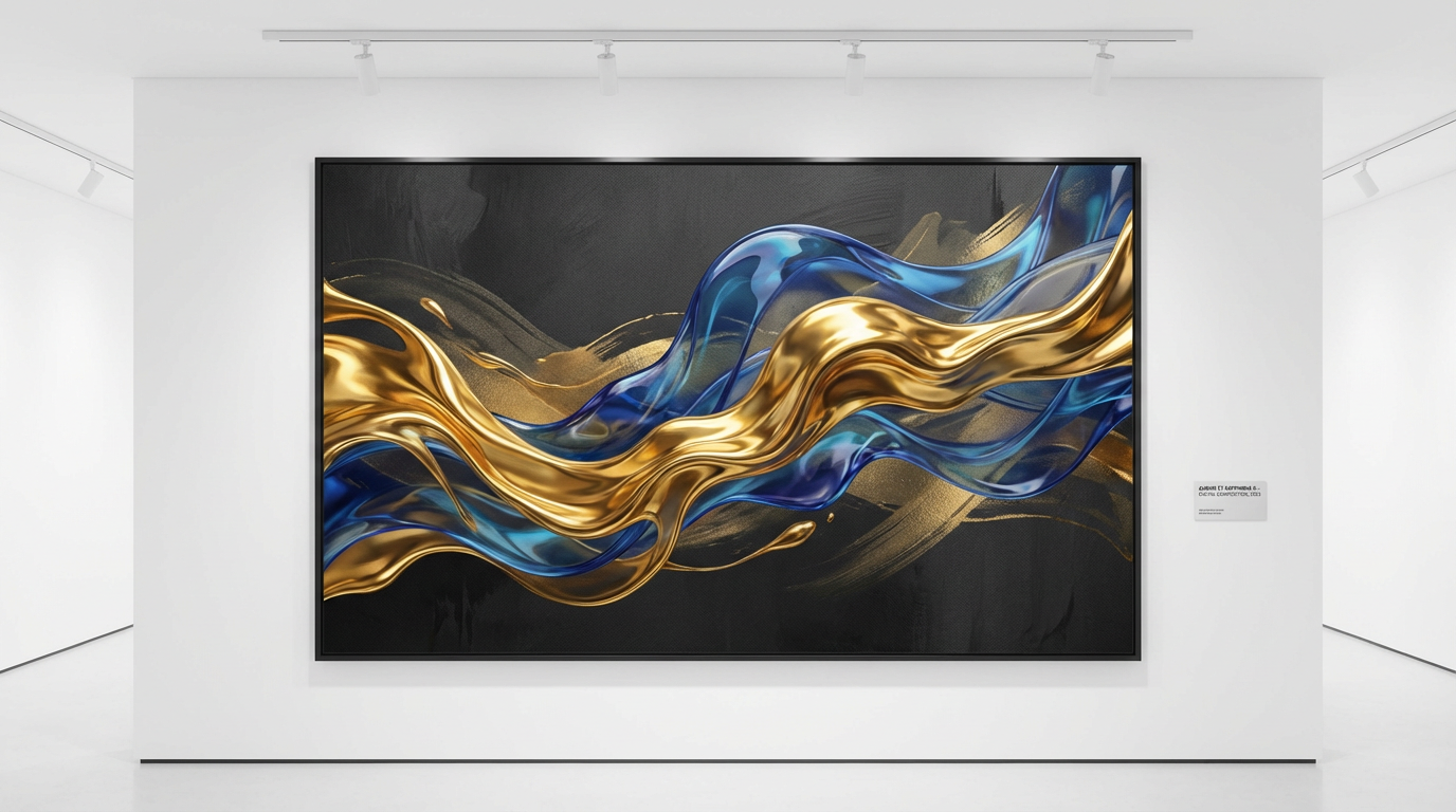 AI-created abstract art composition with flowing liquid gold and deep sapphire shapes
