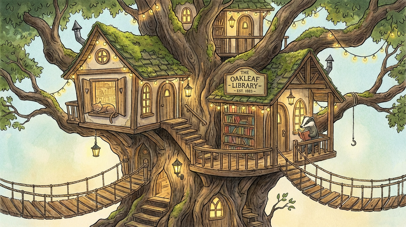 Whimsical AI-generated illustration of a cozy treehouse library in an ancient oak tree