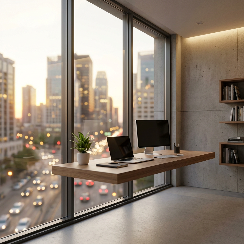 Professional Zoom virtual background of a modern minimalist office with city skyline view