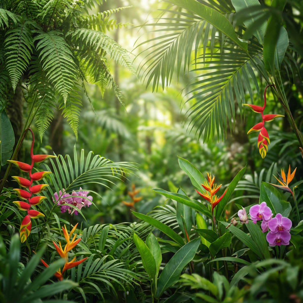 AI-generated tropical jungle background with lush green foliage and dappled sunlight