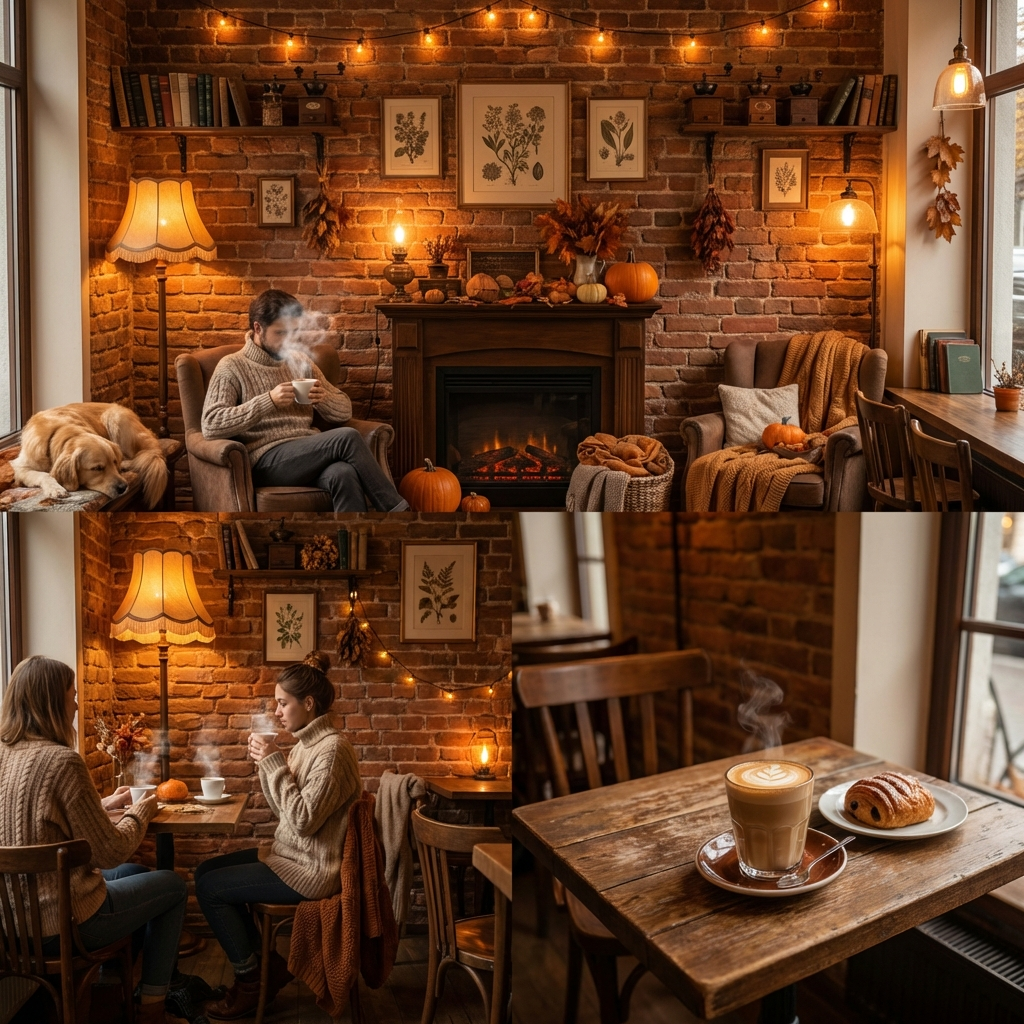 Cozy autumn cafe interior background with warm amber lighting and exposed brick walls
