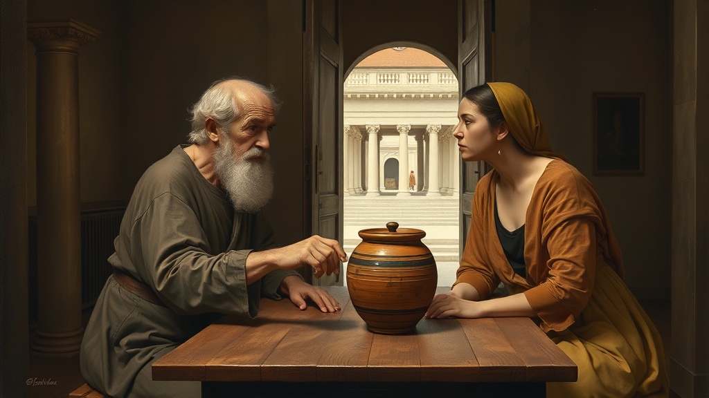 Two figures at a wooden table, a crock of preserved vegetables between them, offering a parable of communal preservation