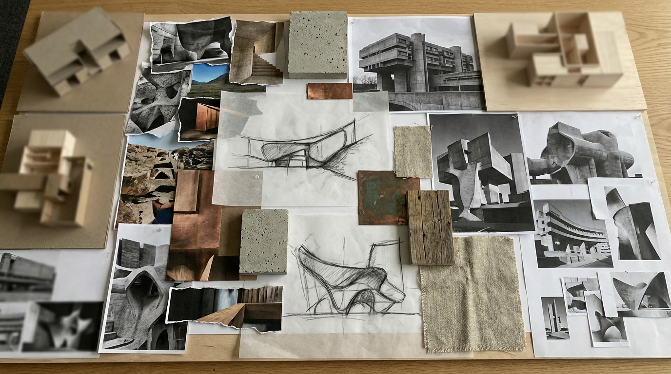 Early-stage architecture moodboard created with AI software